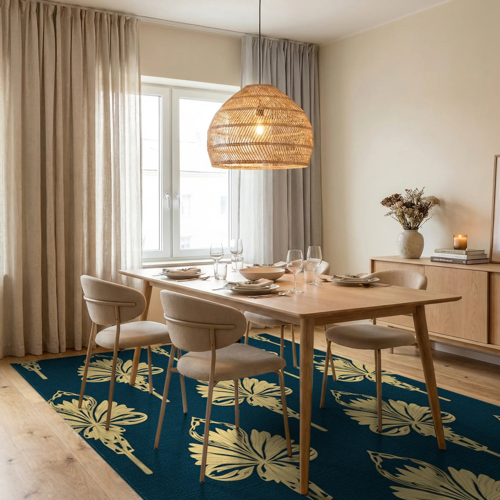 Art Deco Golden Floral Pattern Rug Dining Room View
