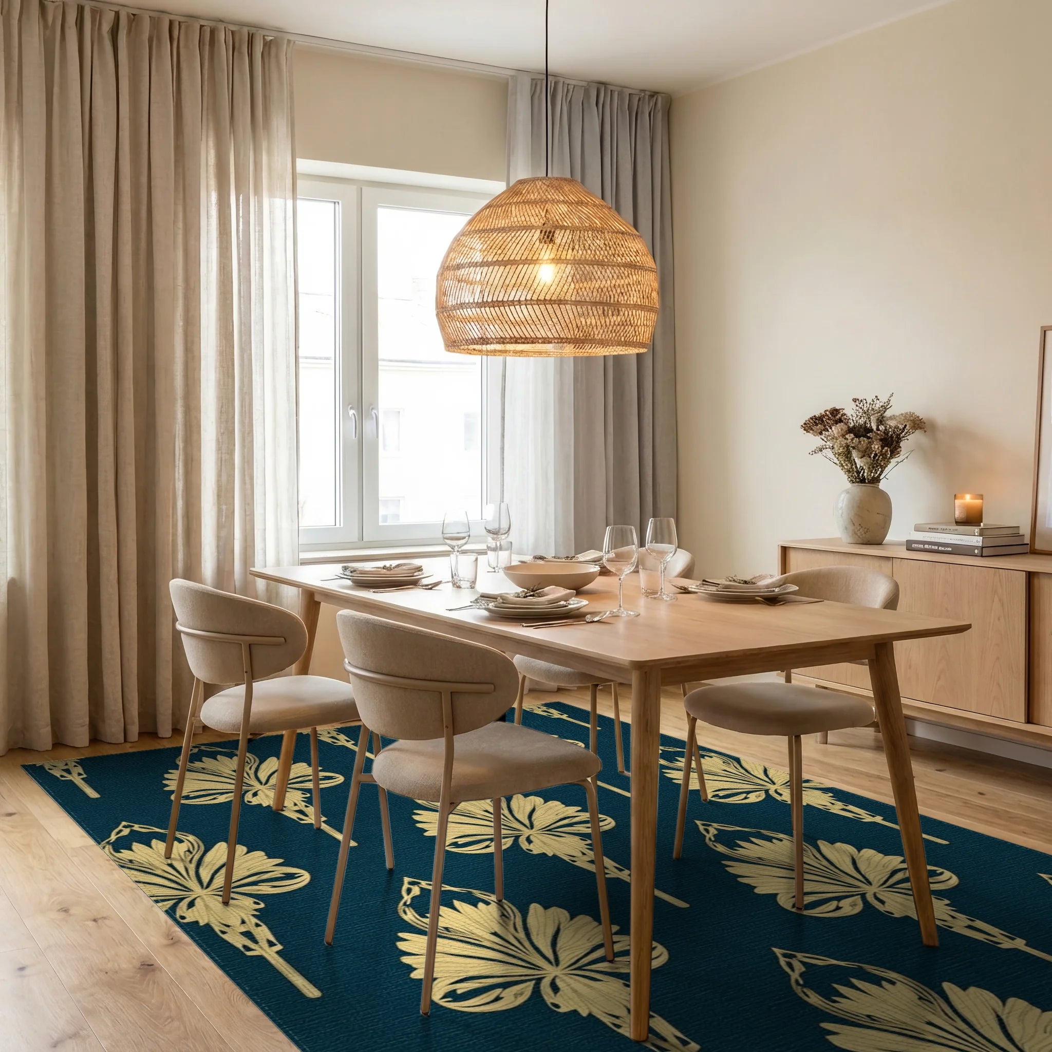 Art Deco Golden Floral Pattern Rug Dining Room View
