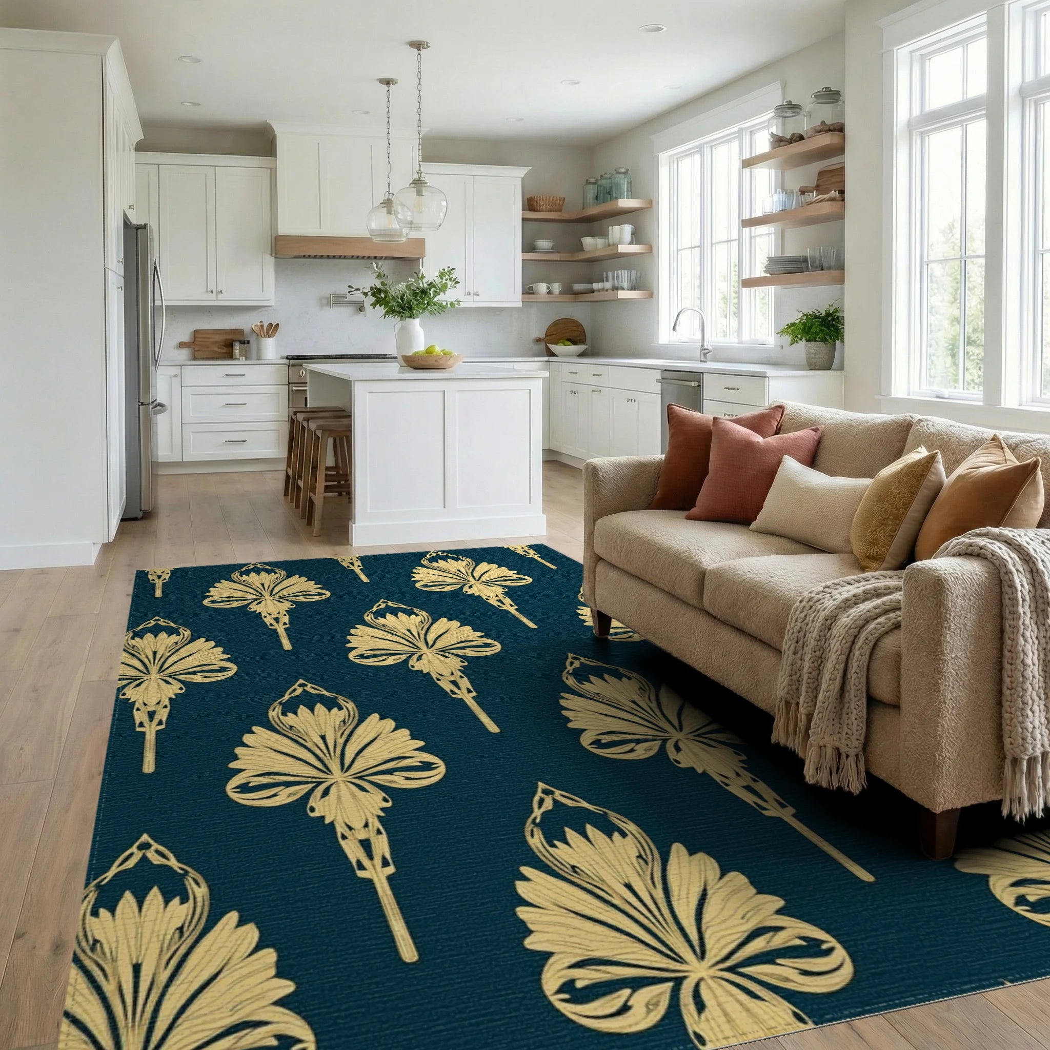 Art Deco Golden Floral Pattern Rug Living Room View