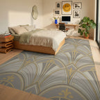Art Deco Gray Golden Fan Rug Bedroom View