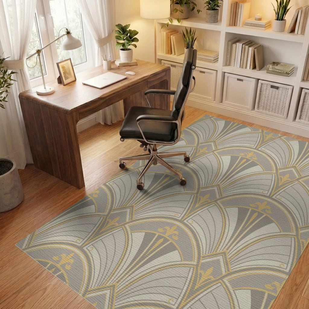 Art Deco Gray Golden Fan Rug Office View
