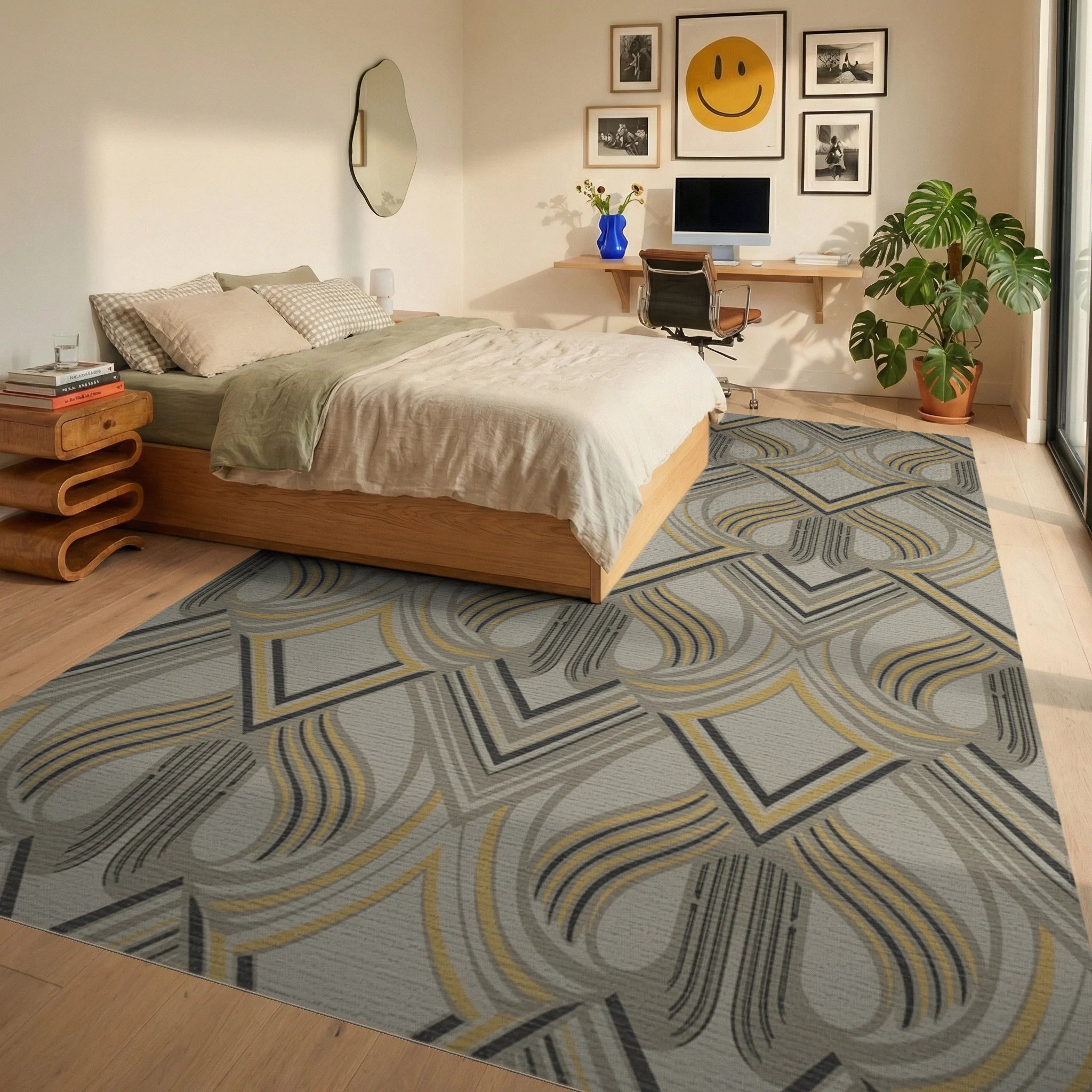 Art Deco Gray Yellow Geometric Arch Rug Bedroom View
