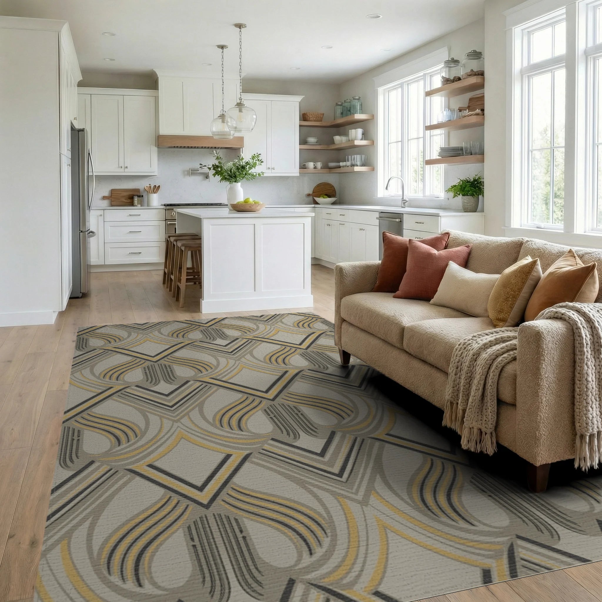 Art Deco Gray Yellow Geometric Arch Rug Living Room View
