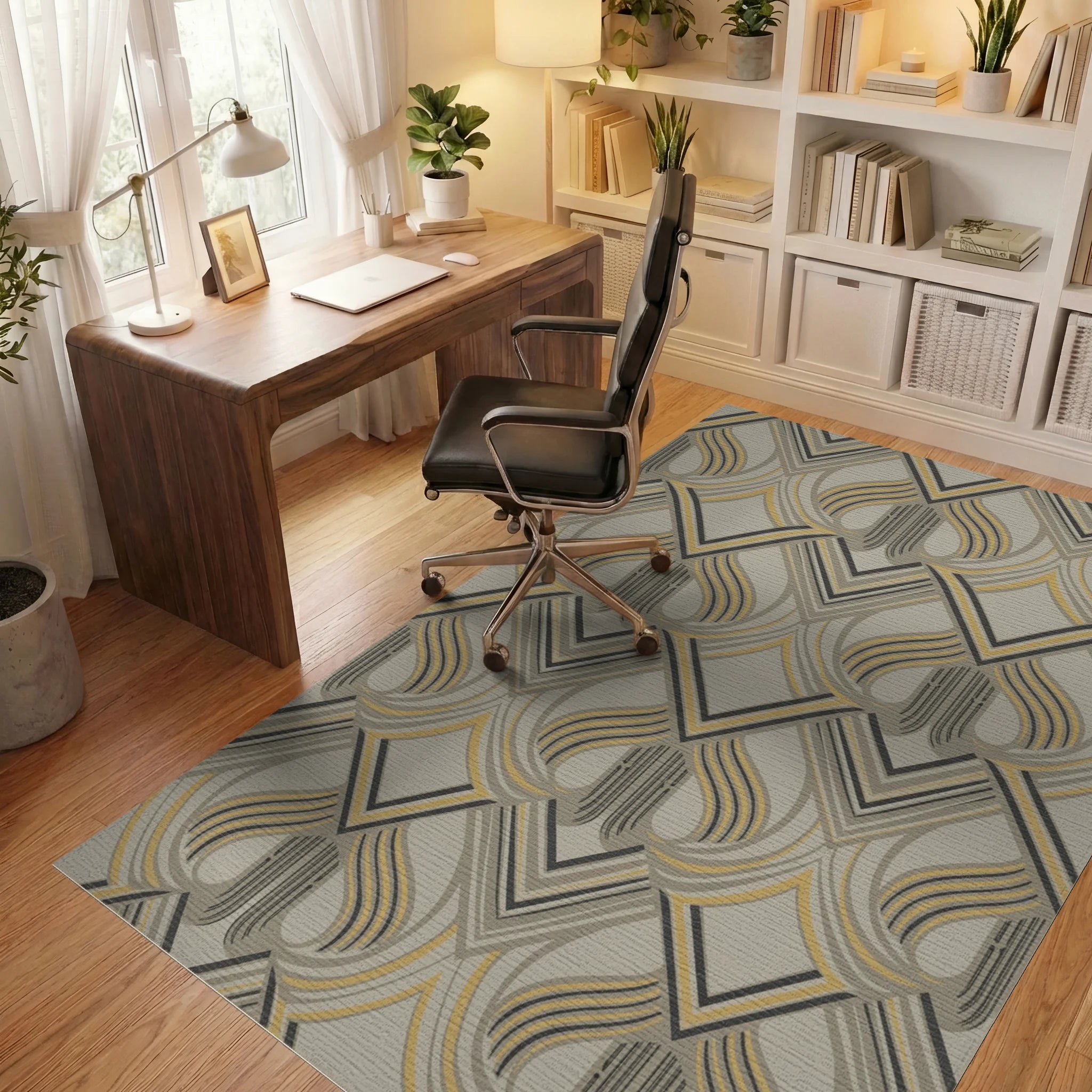 Art Deco Gray Yellow Geometric Arch Rug Office View