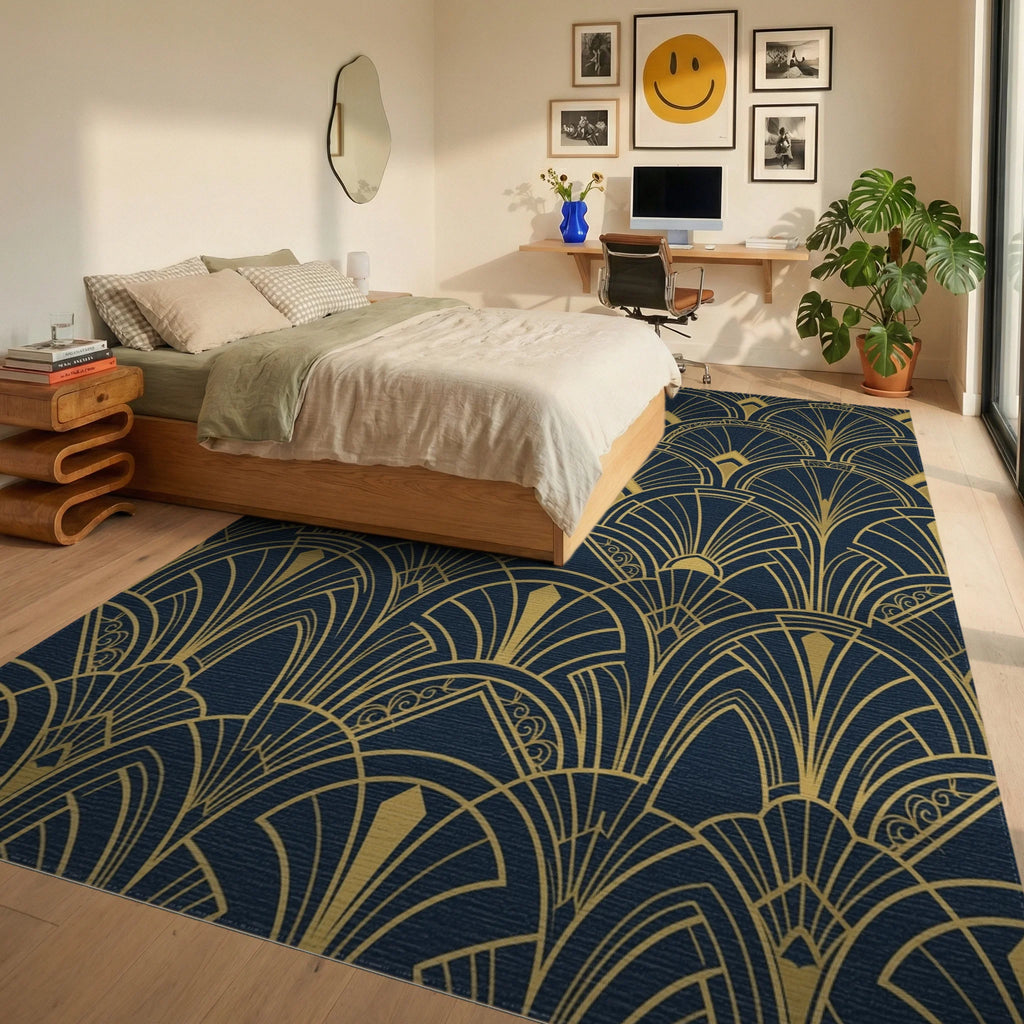 Art Deco Navy Blue Golden Fan Rug Bedroom View