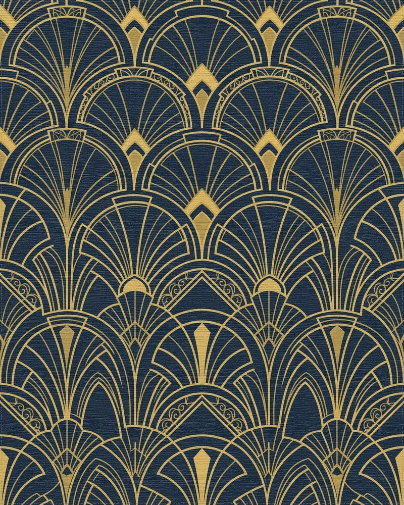 Art Deco Navy Blue Golden Fan Rug - Cutout View