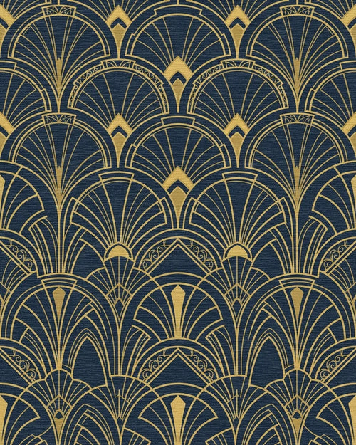 Art Deco Navy Blue Golden Fan Rug - Cutout View
