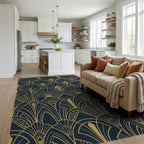 Art Deco Navy Blue Golden Fan Rug Living Room View