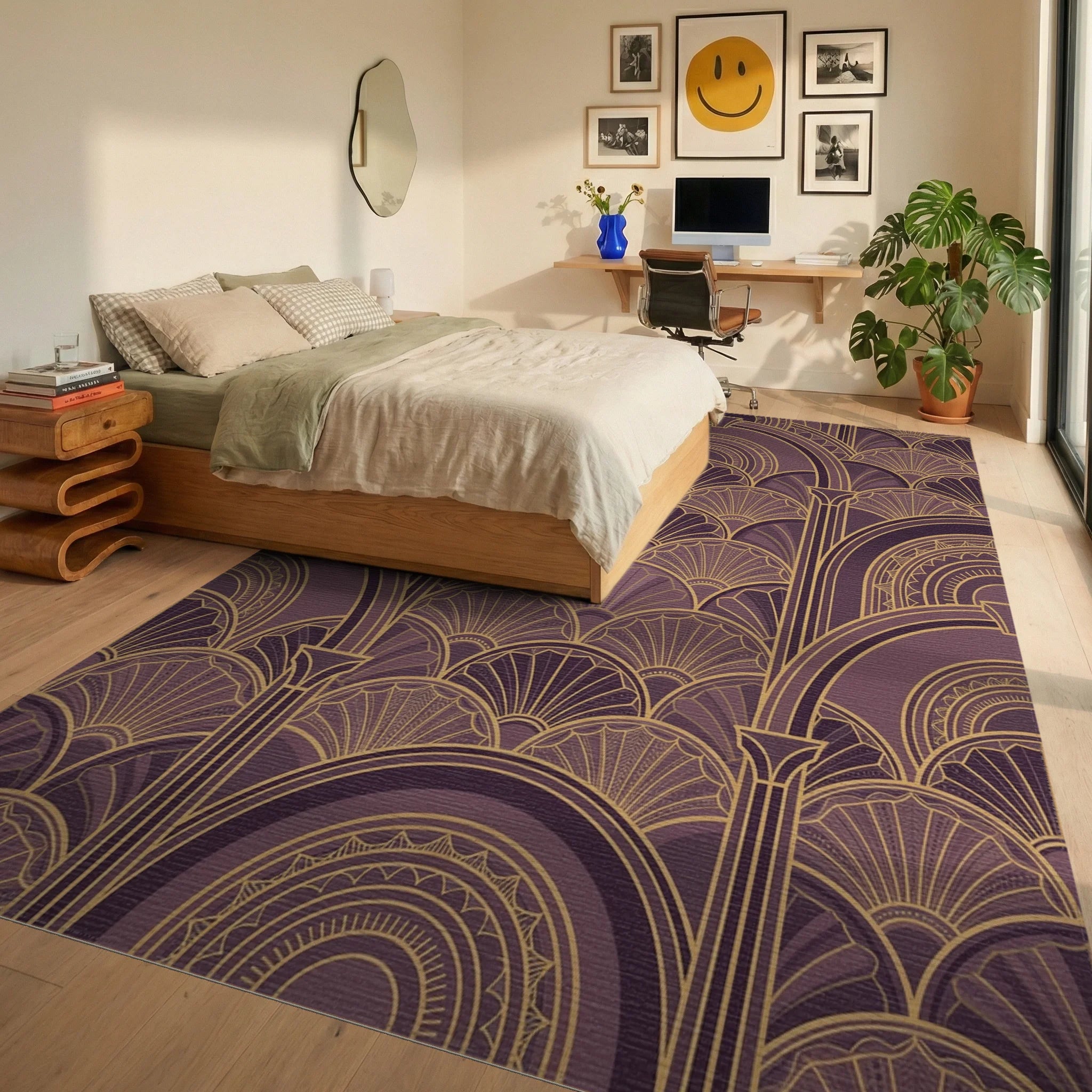 Art Deco Plum Gold Geometric Arches Rug Bedroom View