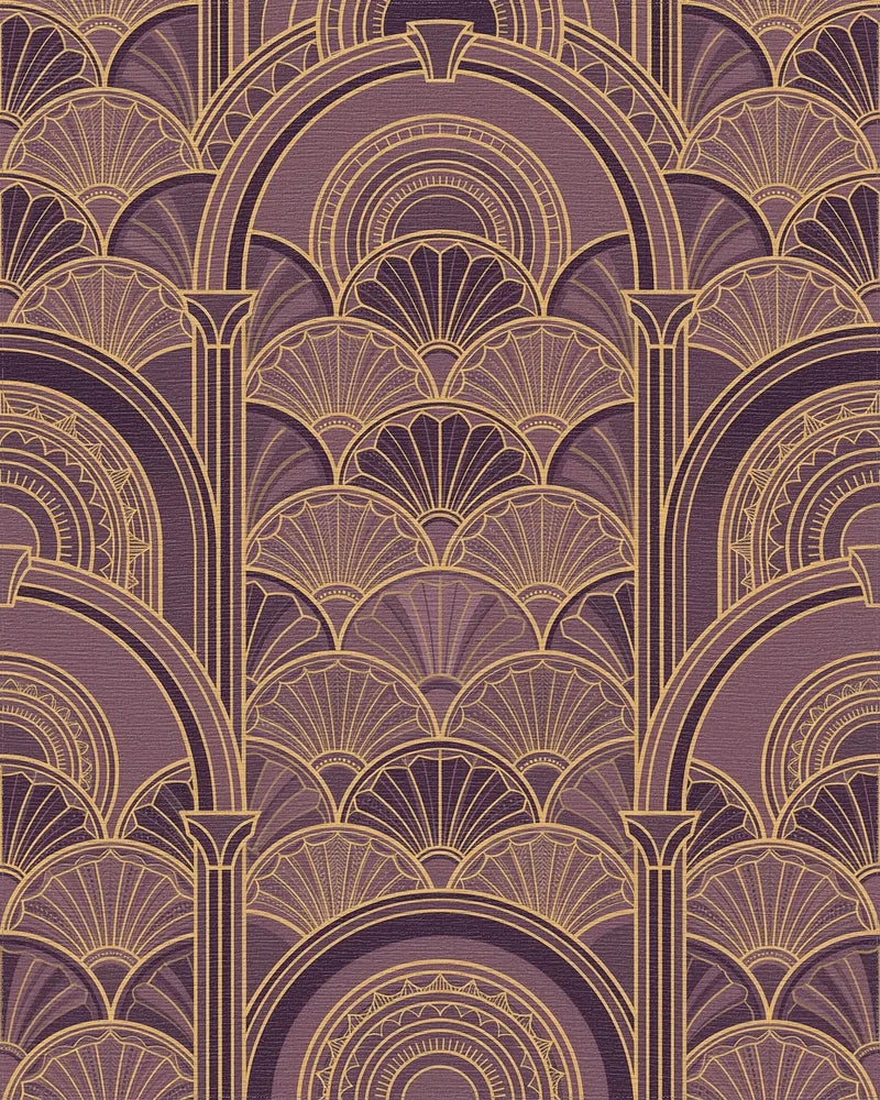 Art Deco Plum Gold Geometric Arches Rug - Cutout View