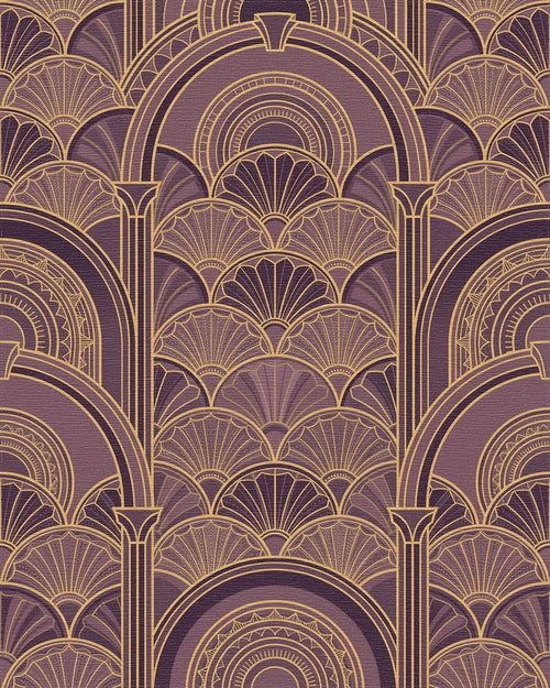 Art Deco Plum Gold Geometric Arches Rug - Cutout View