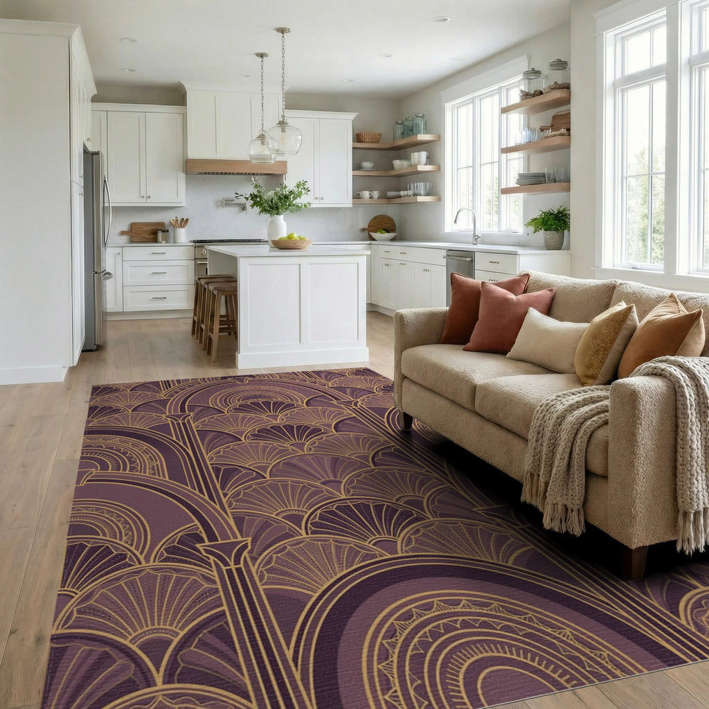 Art Deco Plum Gold Geometric Arches Rug Living Room View