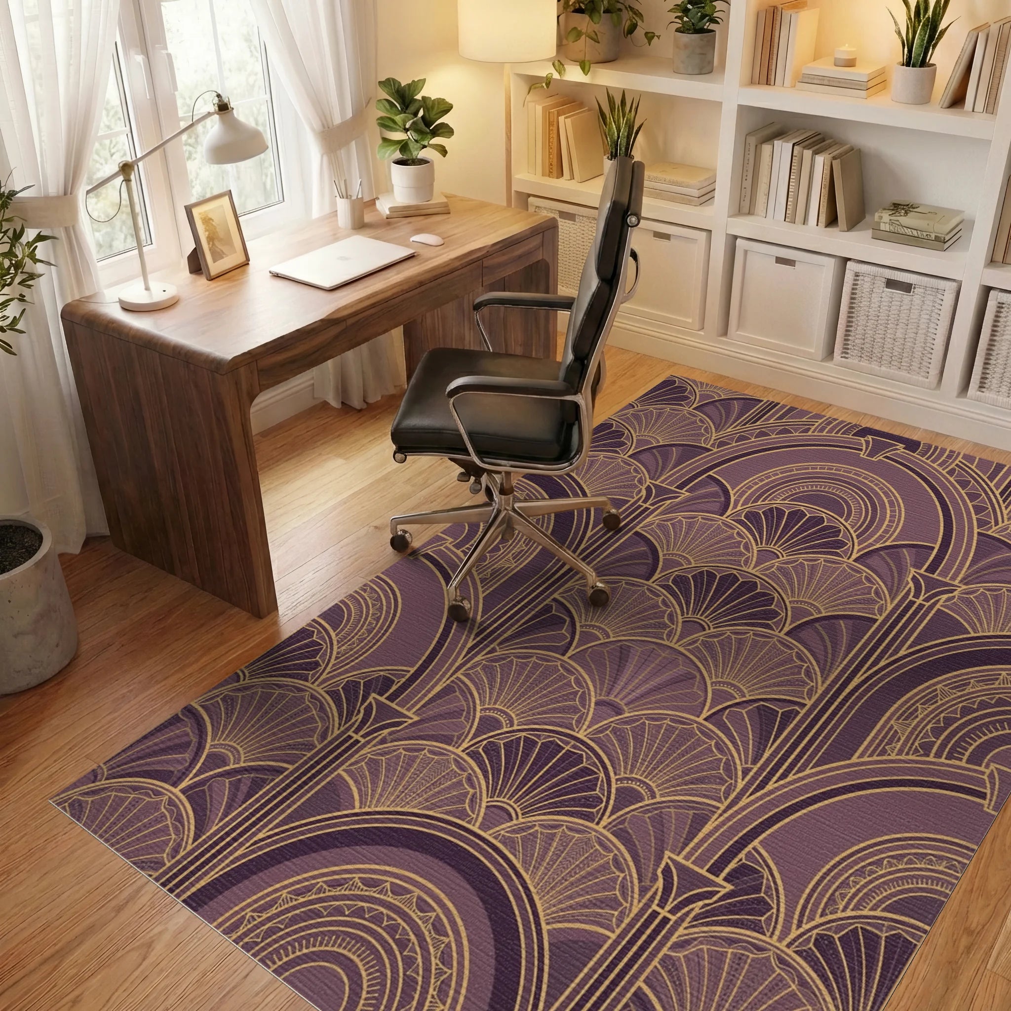 Art Deco Plum Gold Geometric Arches Rug Office View