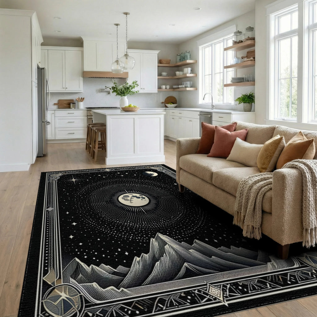 Art Deco Starry Moon Mountains Rug - Living Room View