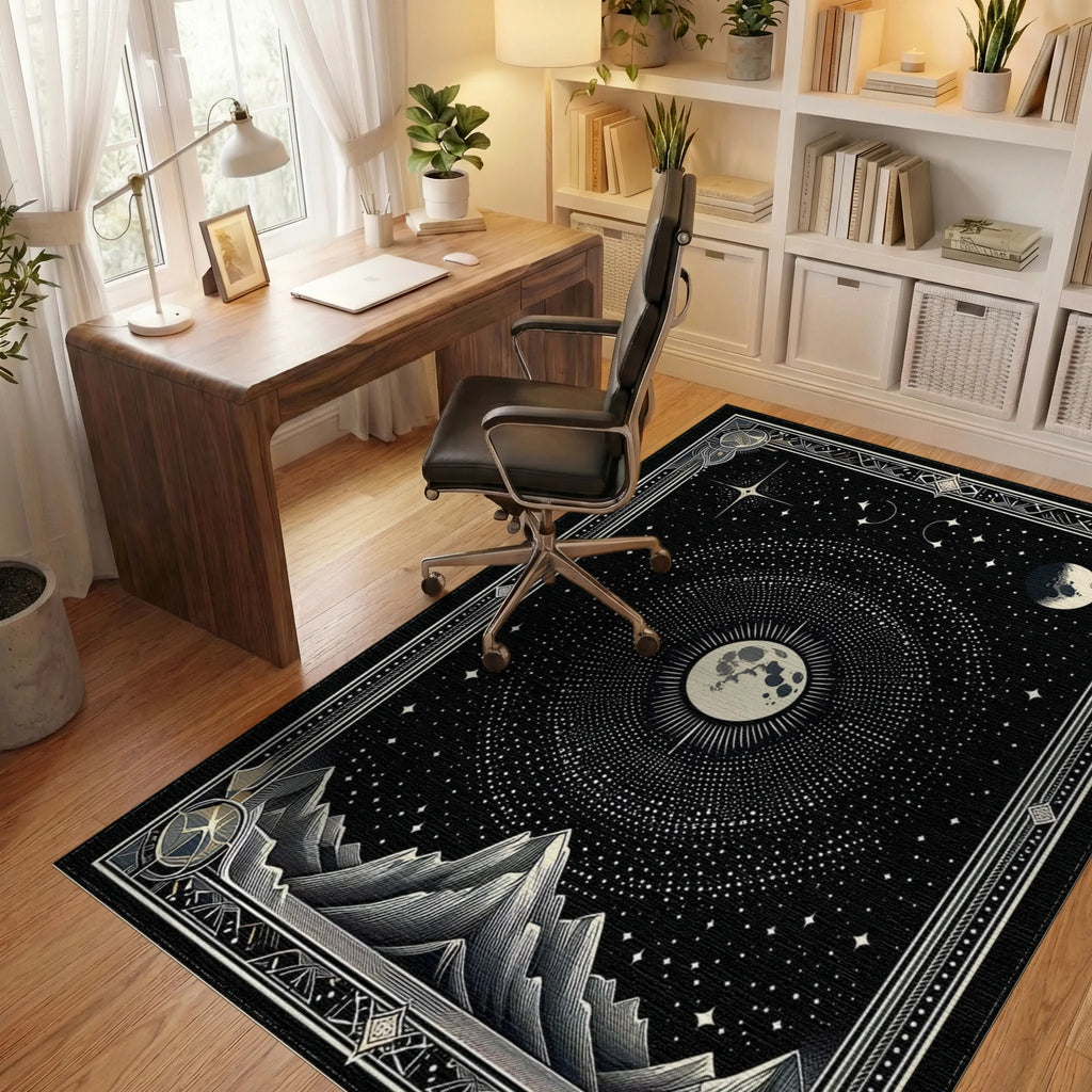 Art Deco Starry Moon Mountains Rug - Office View