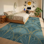 Art Deco Teal Gold Sunburst Rug Bedroom View