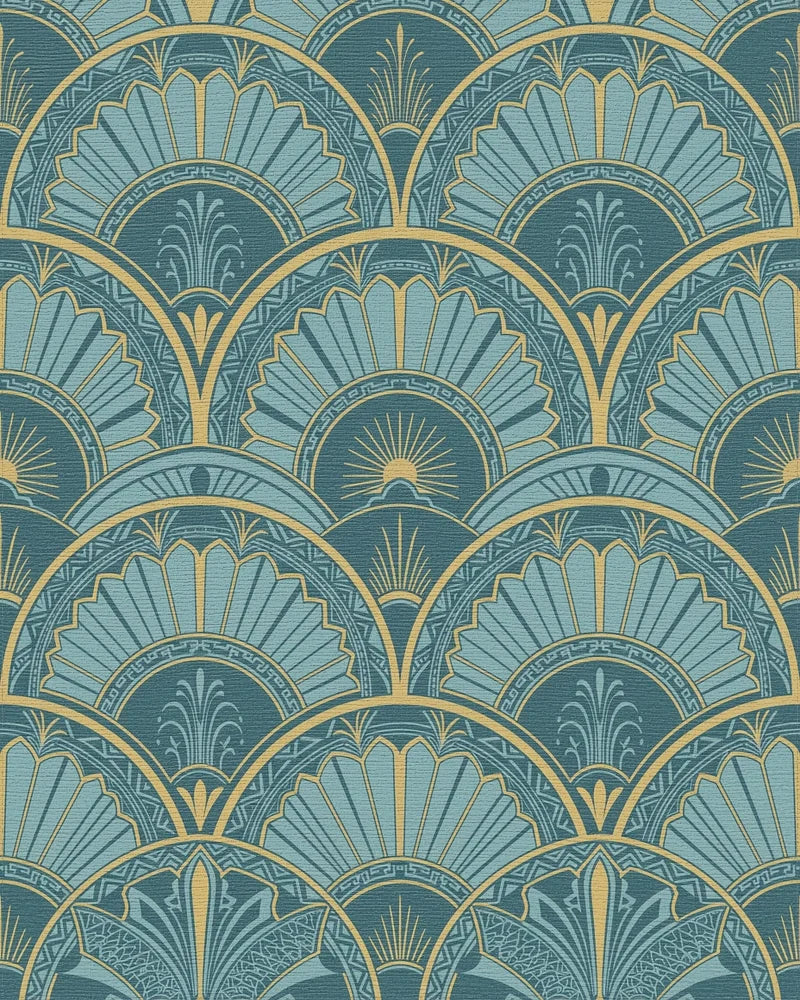 Art Deco Teal Gold Sunburst Rug - Cutout View