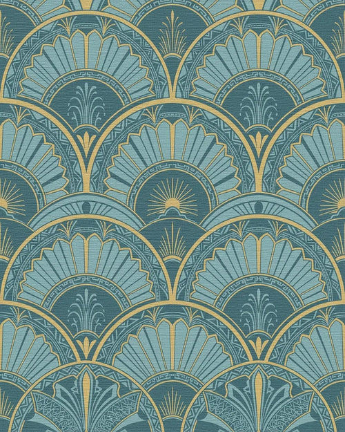 Art Deco Teal Gold Sunburst Rug - Cutout View