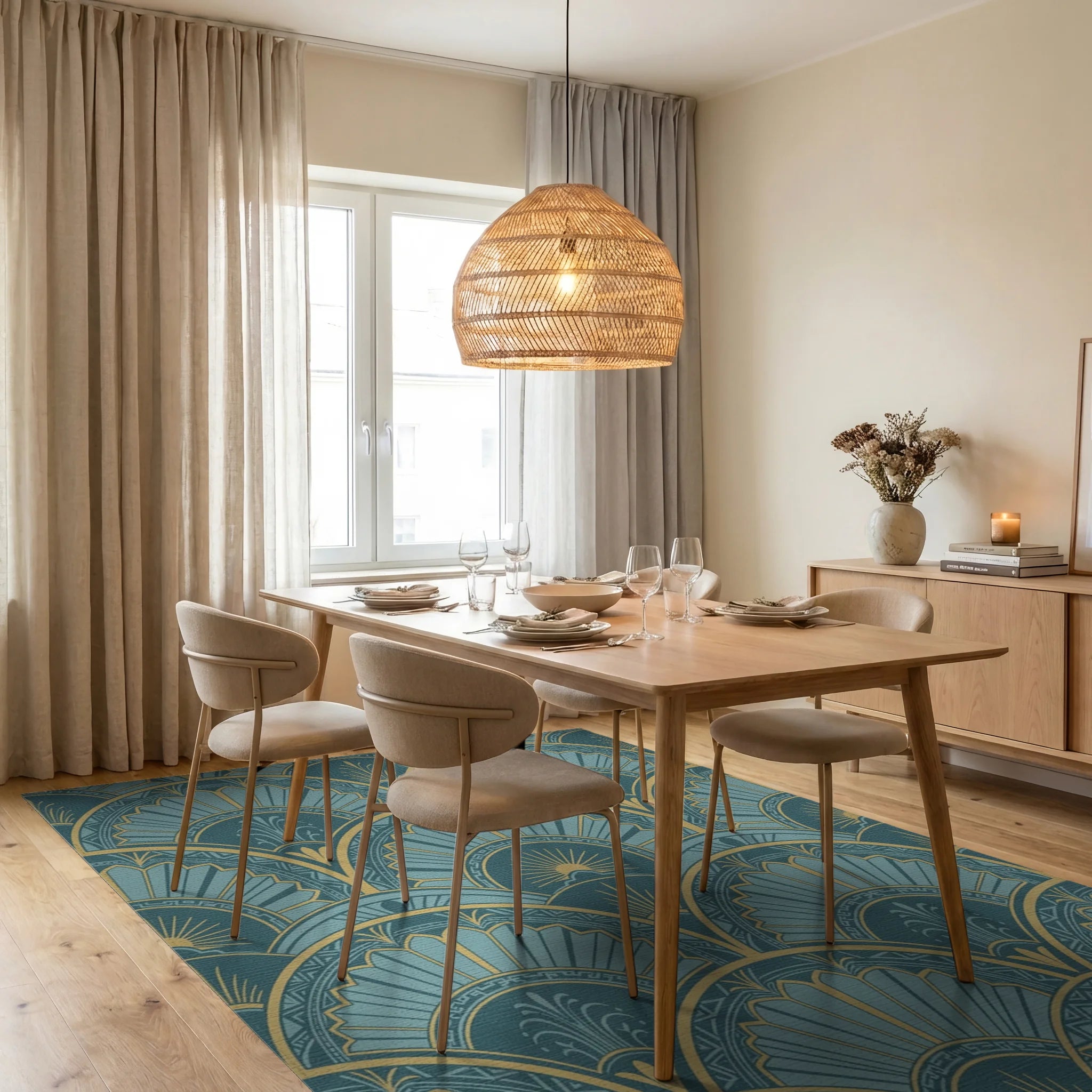 Art Deco Teal Gold Sunburst Rug Dining Room View