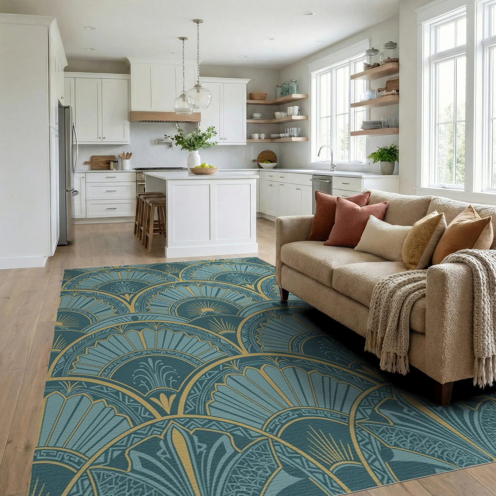 Art Deco Teal Gold Sunburst Rug Living Room View