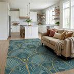 Art Deco Teal Gold Sunburst Rug Living Room View
