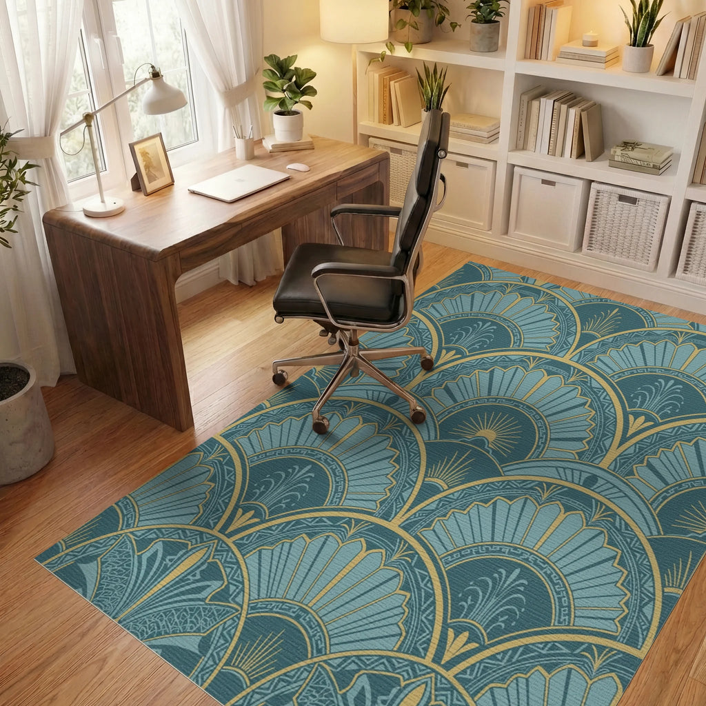Art Deco Teal Gold Sunburst Rug Office View