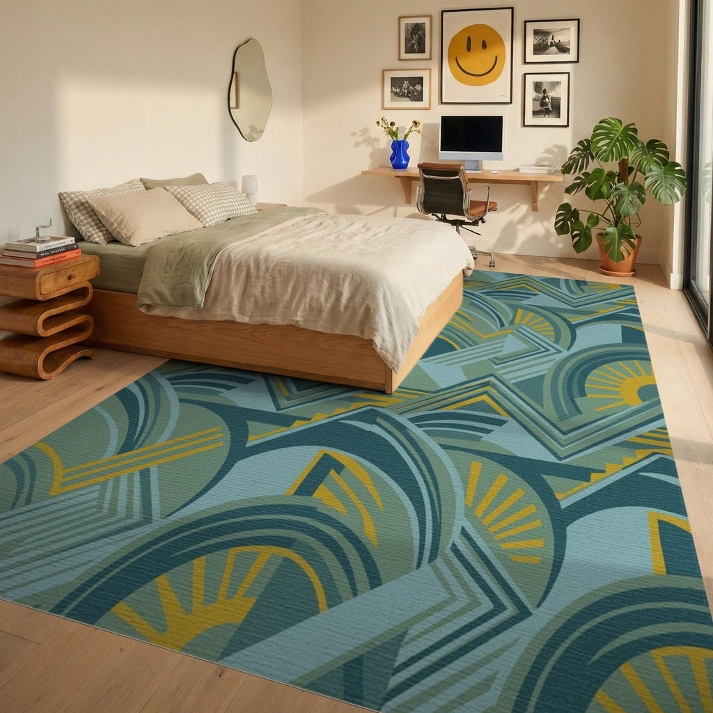 Art Deco Teal Yellow Sunburst Geometric Rug Bedroom View