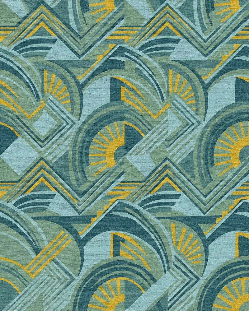 Art Deco Teal Yellow Sunburst Geometric Rug - Cutout View