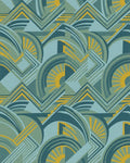 Art Deco Teal Yellow Sunburst Geometric Rug - Cutout View