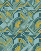 Art Deco Teal Yellow Sunburst Geometric Rug - Cutout View