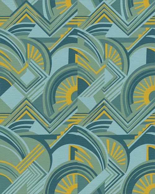 Art Deco Teal Yellow Sunburst Geometric Rug - Cutout View