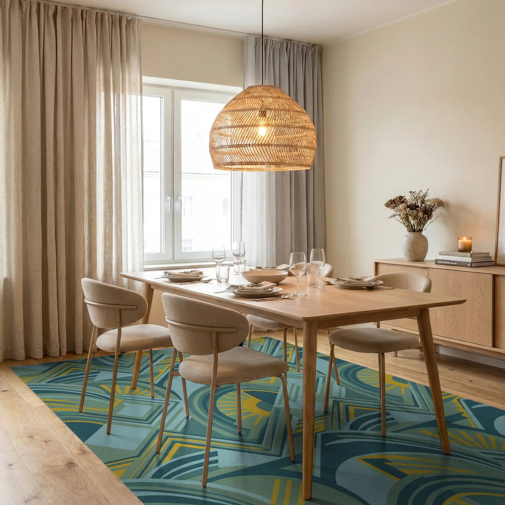 Art Deco Teal Yellow Sunburst Geometric Rug Dining Room View