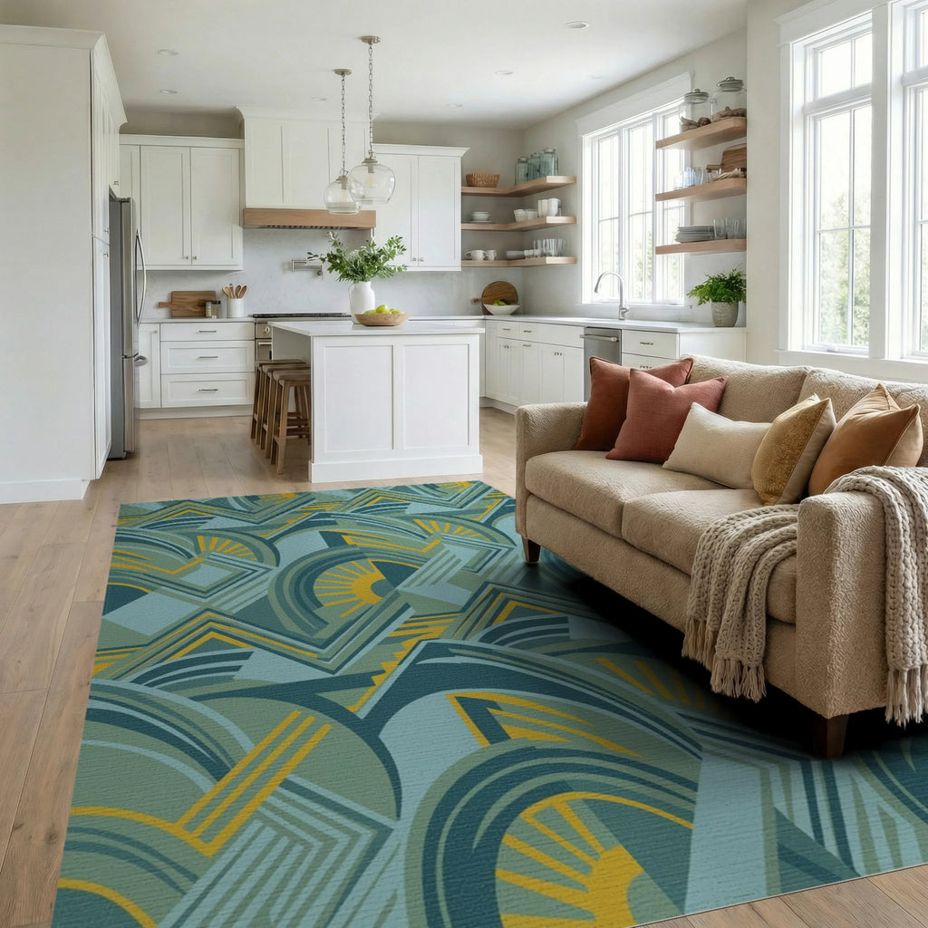Art Deco Teal Yellow Sunburst Geometric Rug Living Room View