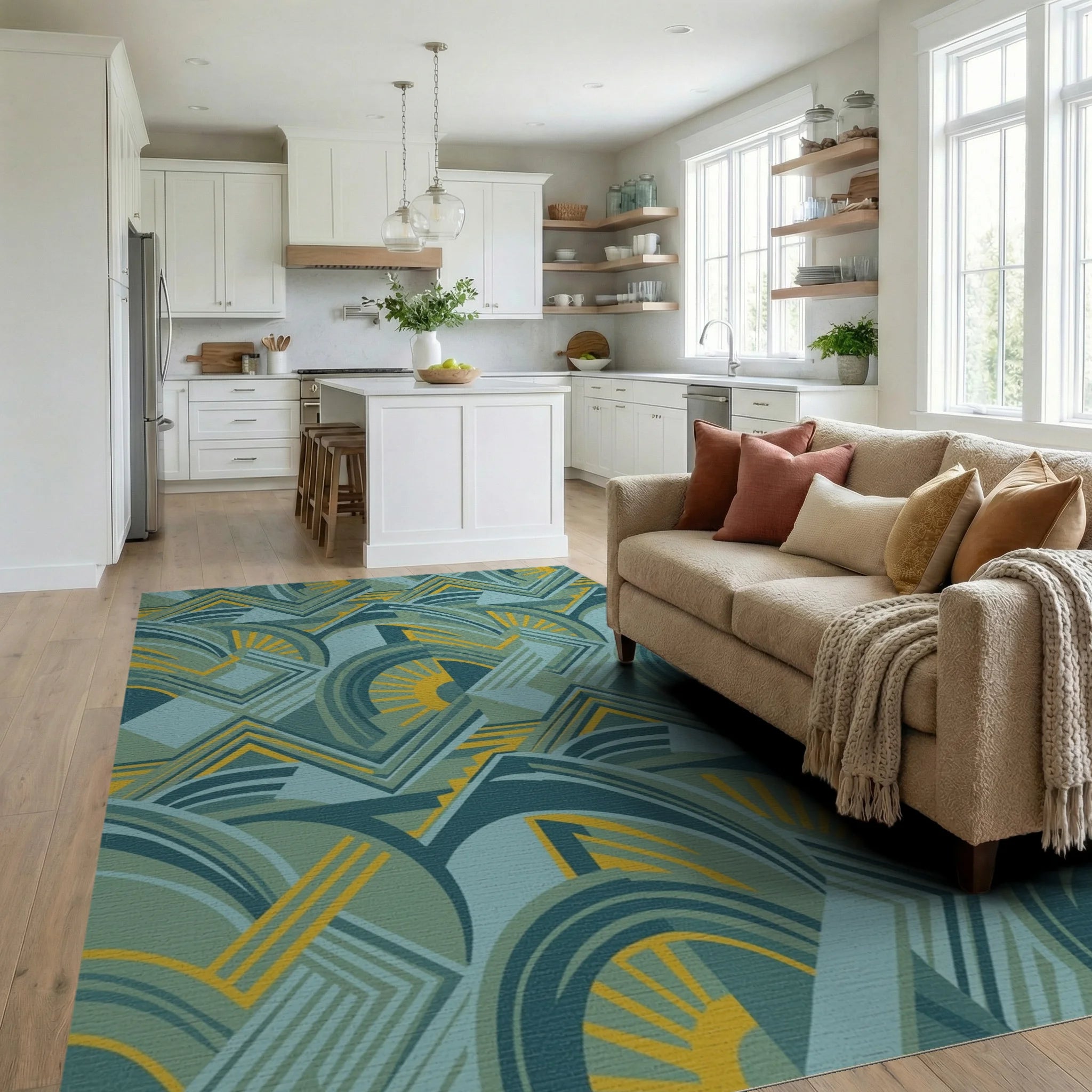 Art Deco Teal Yellow Sunburst Geometric Rug Living Room View