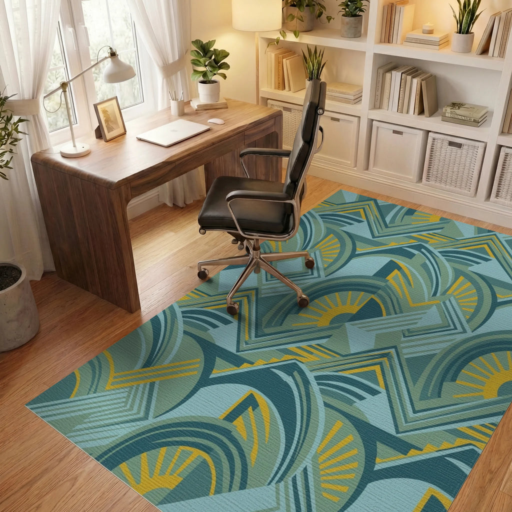 Art Deco Teal Yellow Sunburst Geometric Rug Office View