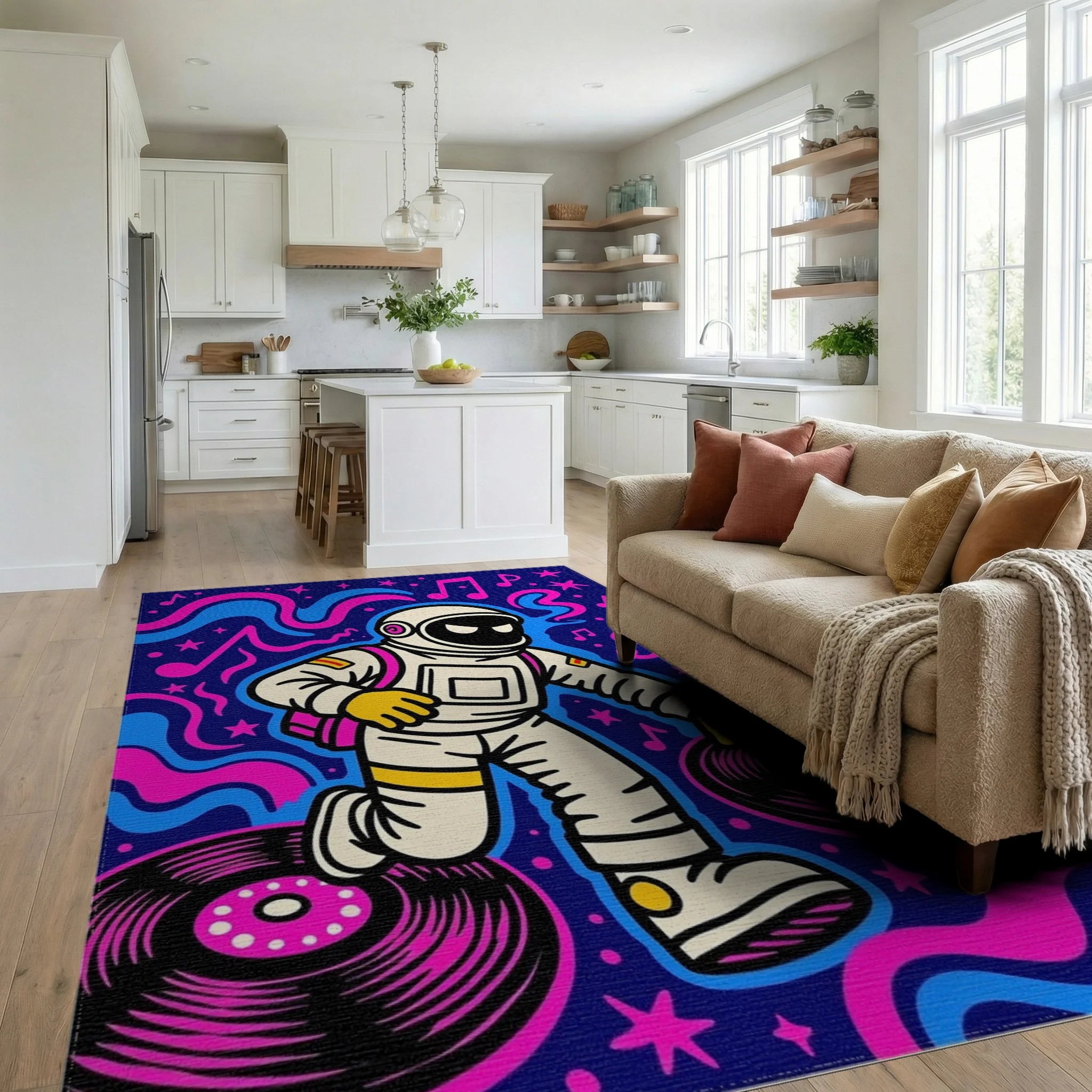 Astronaut DJ Cosmic Music Waves Rug Living Room View