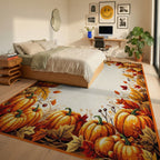Autumn Harvest Pumpkin Leaf Border Rug - Bedroom View