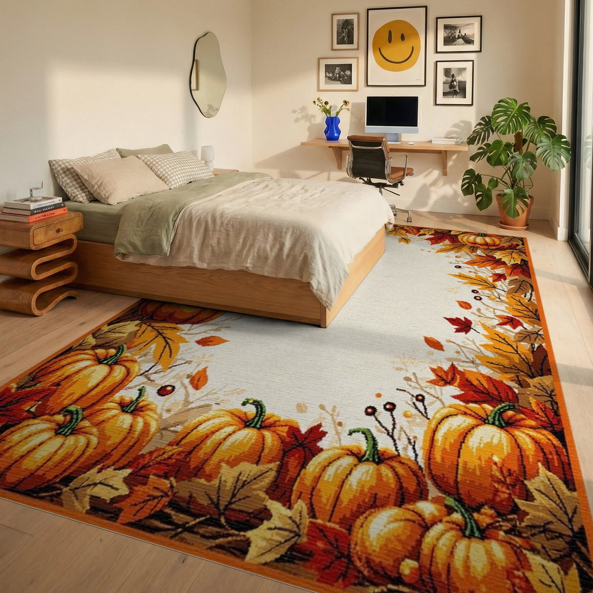 Autumn Harvest Pumpkin Leaf Border Rug - Bedroom View