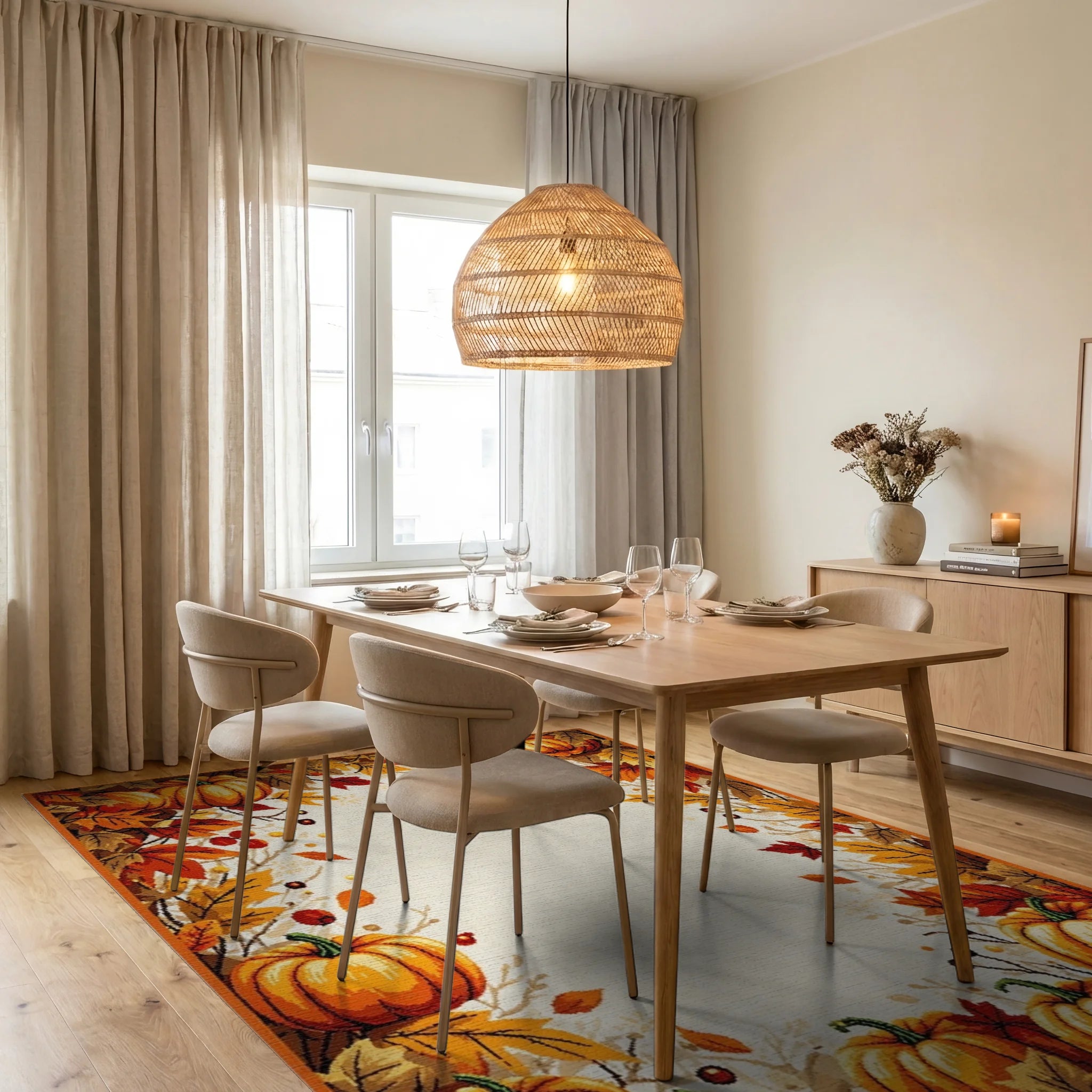 Autumn Harvest Pumpkin Leaf Border Rug - Dining Room View