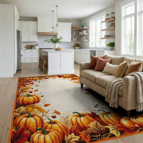 Autumn Harvest Pumpkin Leaf Border Rug - Living Room View