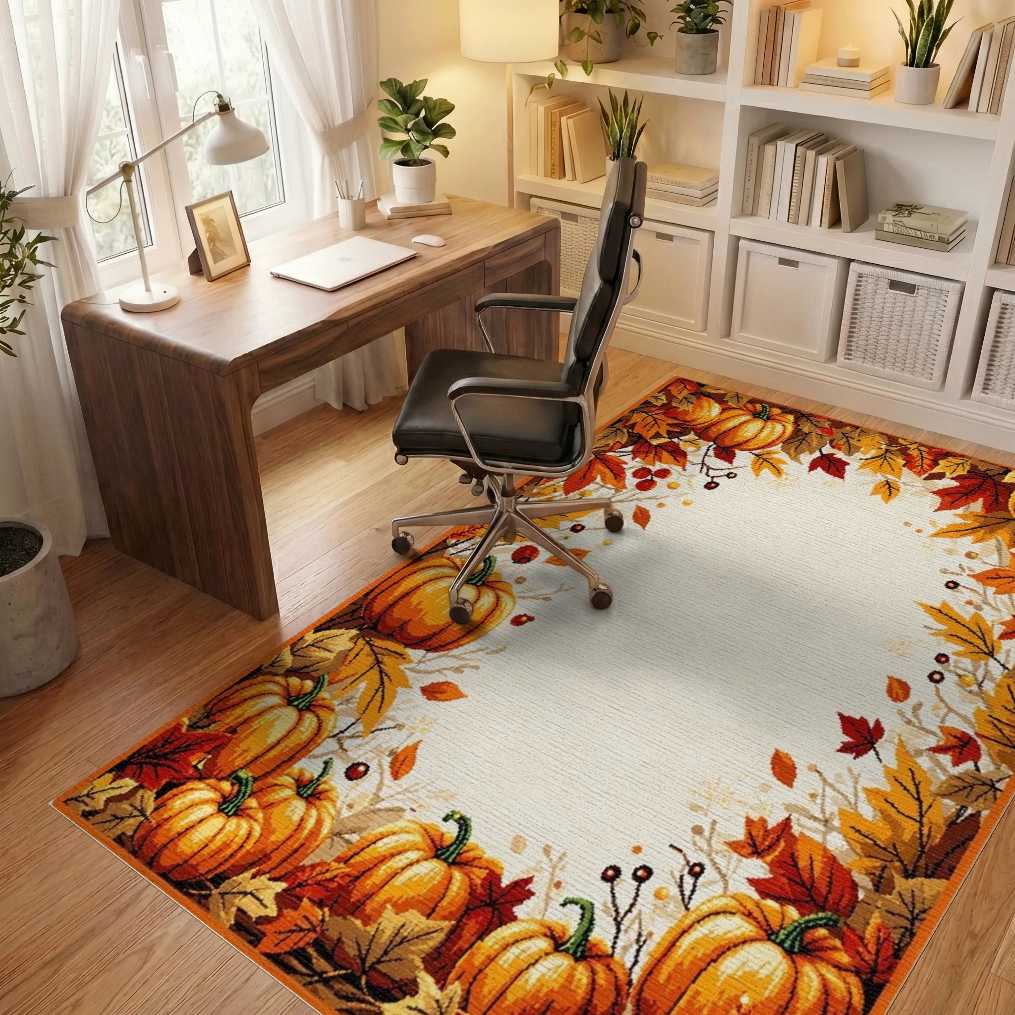 Autumn Harvest Pumpkin Leaf Border Rug - Office View