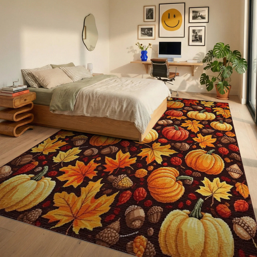 Autumn Harvest Pumpkins Maple Leaves Rug - Bedroom View