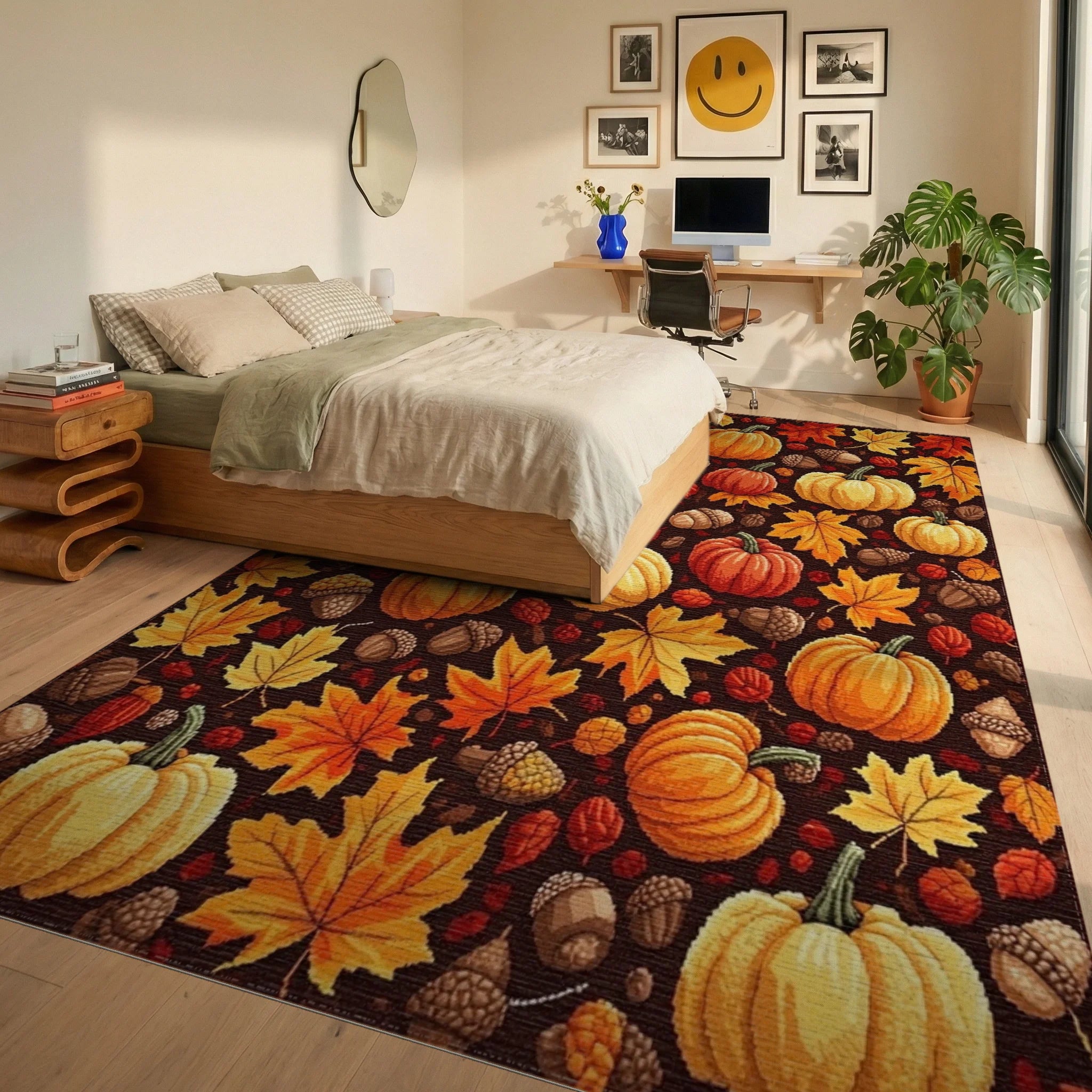 Autumn Harvest Pumpkins Maple Leaves Rug - Bedroom View