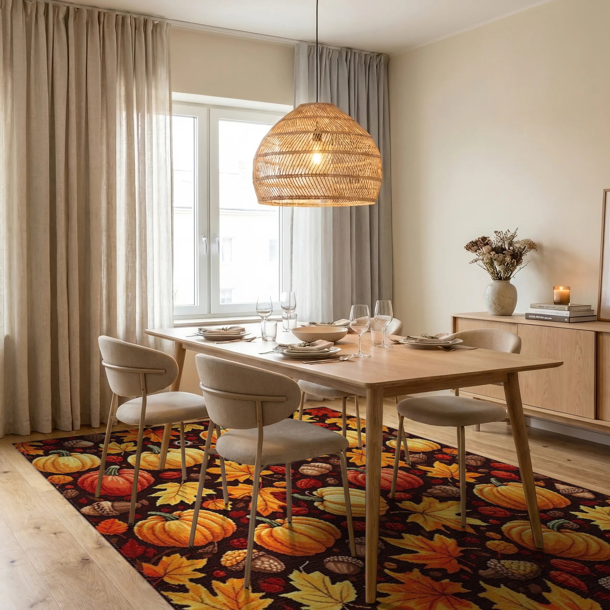 Autumn Harvest Pumpkins Maple Leaves Rug - Dining Room View