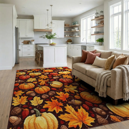 Autumn Harvest Pumpkins Maple Leaves Rug - Living Room View