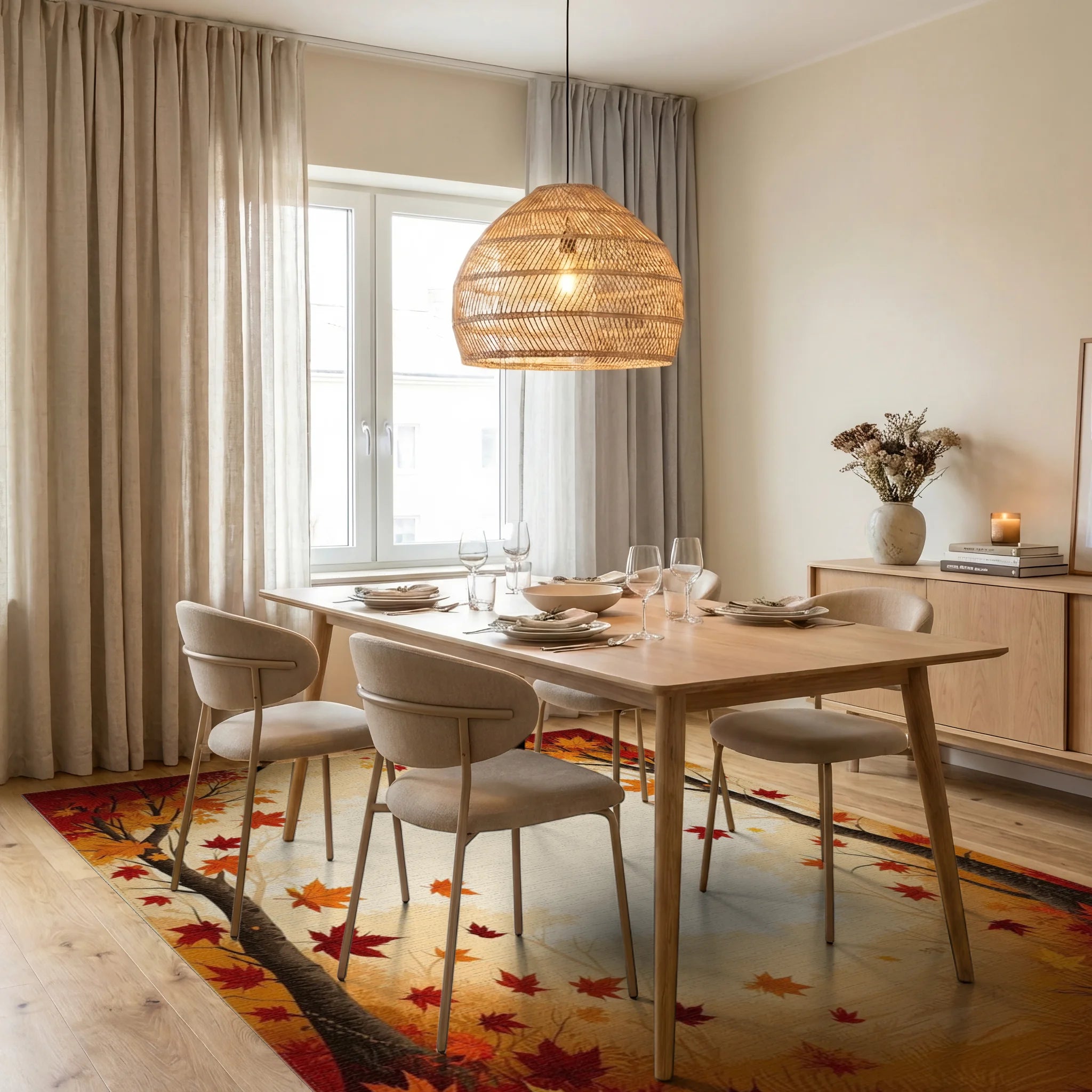 Autumn Maple Leaf Patterned Woodland Rug - Dining Room View