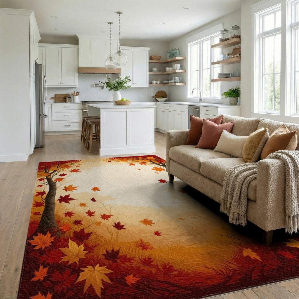 Autumn Maple Leaf Patterned Woodland Rug - Living Room View