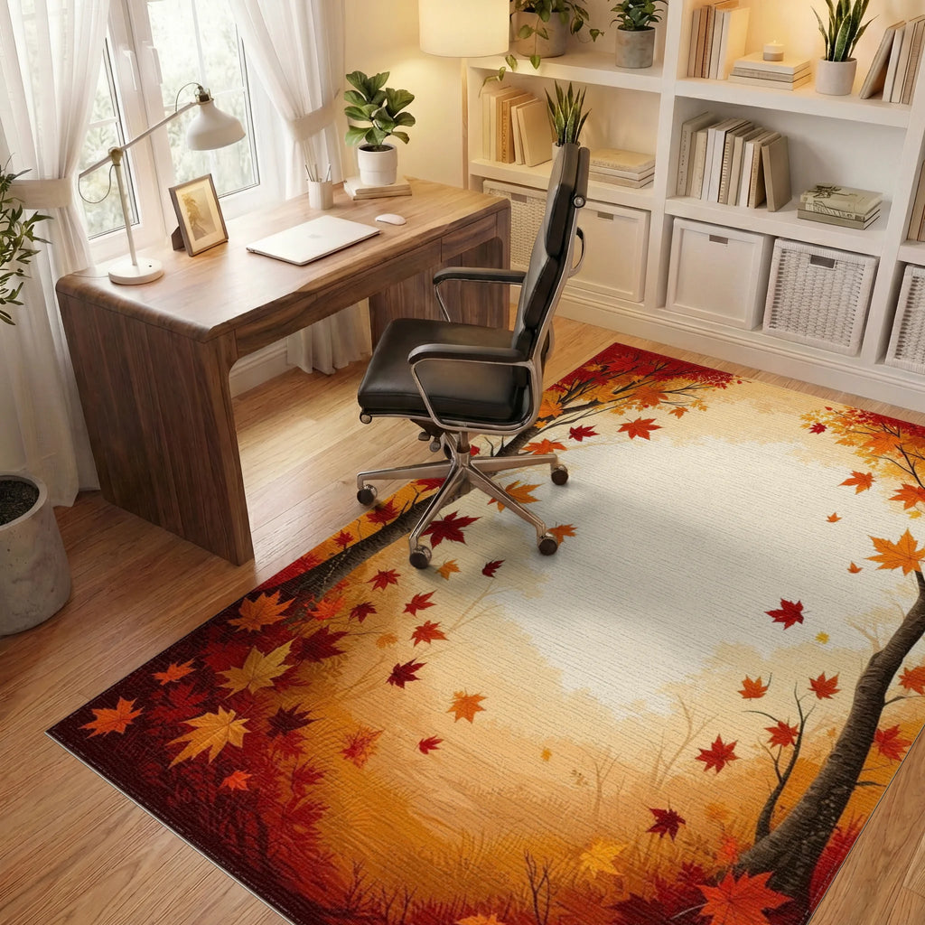 Autumn Maple Leaf Patterned Woodland Rug - Office View