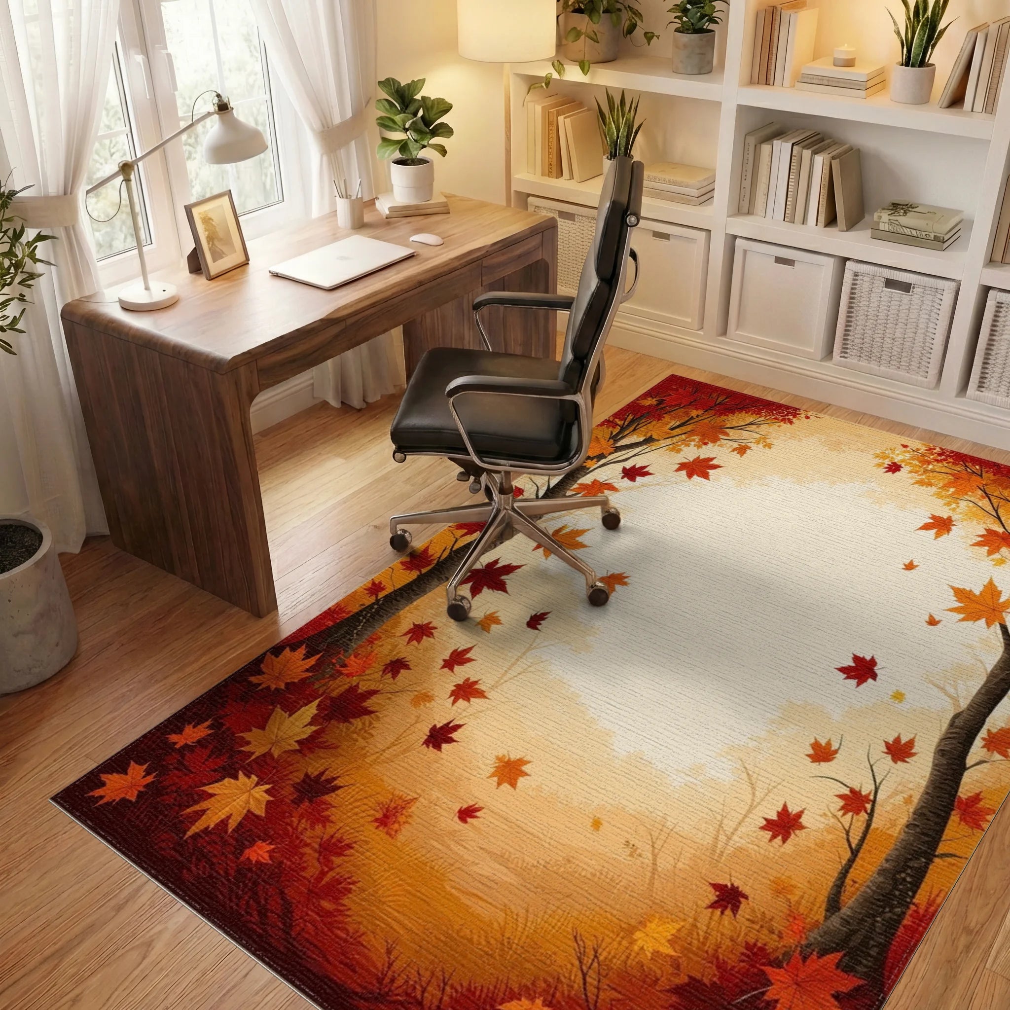 Autumn Maple Leaf Patterned Woodland Rug - Office View