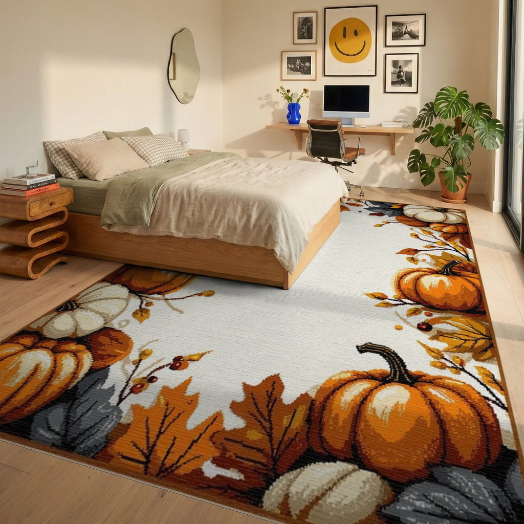 Autumn Pumpkin Leaf Border Rug - Bedroom View